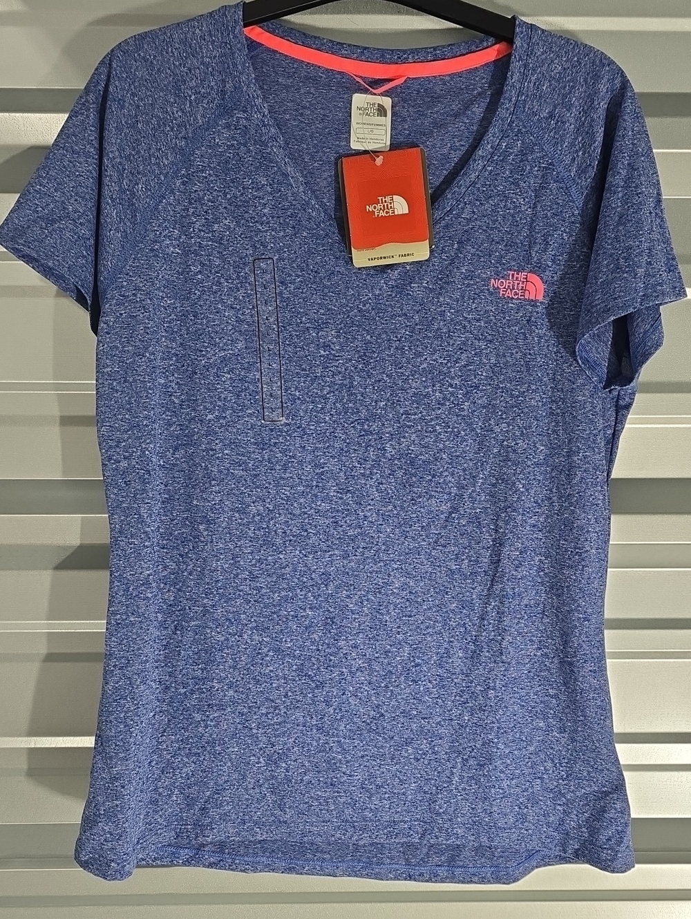 The North Face Women's Heather Blue V-Neck Tee with Pink Logo